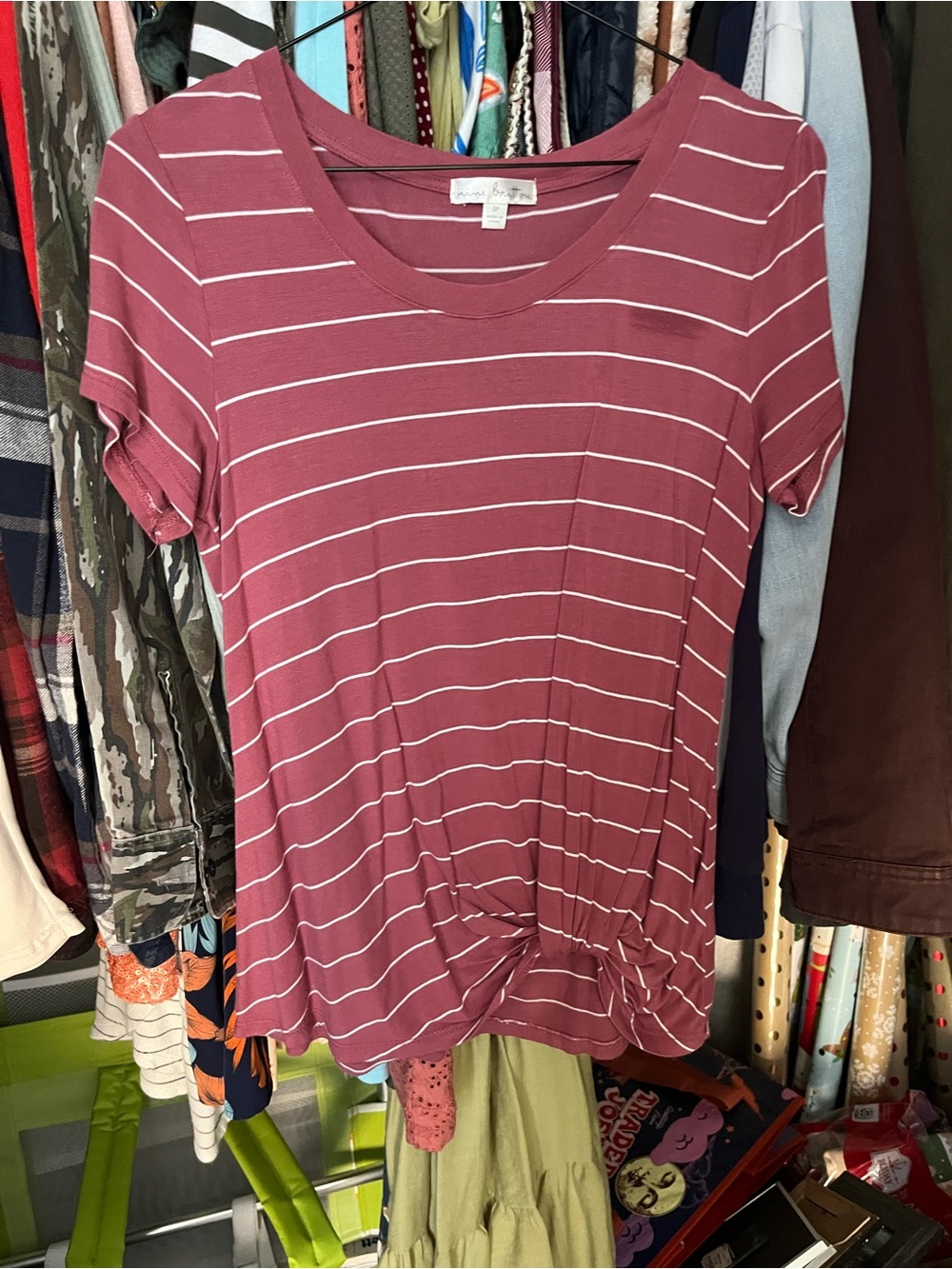 nine britton Dusty Rose Striped Short Sleeve Twist Tee